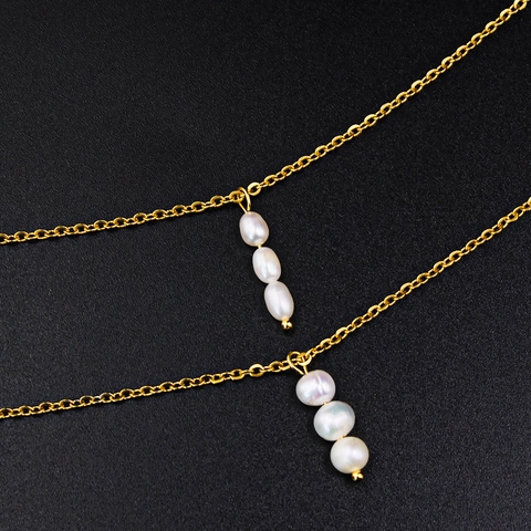 18K Vergoldete Edelstahl Halskette Mit Drei Süßwasserperlen Anhänger Für Damen Eleganter Minimalistischer Schmuck Alltag