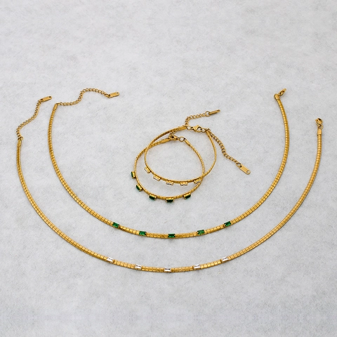 Ensemble Collier et Bracete en Acier Inoxydable Zirconia Blanc et Vert Plaqué Or Ras de Cou Chaîne Serpent Bijoux de Mode pour Femmes
