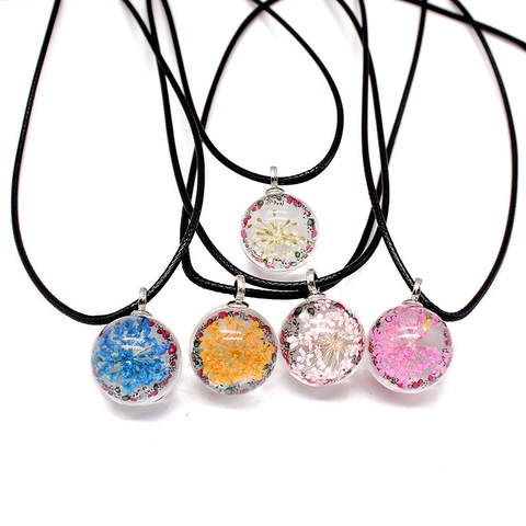 Handmade Dried Flower Glass Ball Pendant Necklace Forest Style Synthetic Leather Cord Bohemian Botanical Jewelry Gift For Women