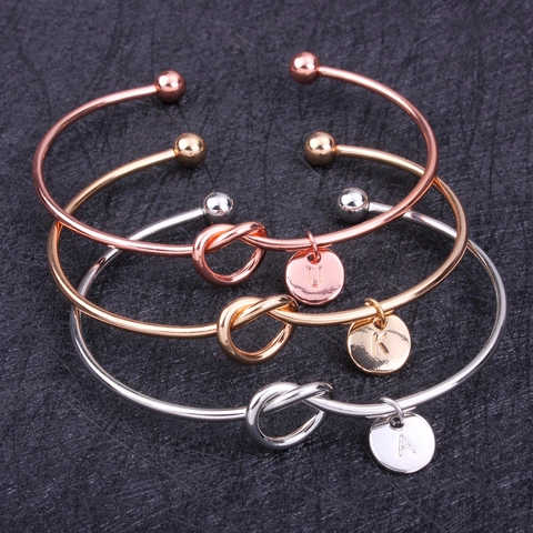 Minimalistische Knoop Initiële Letter Hart Hanger Verstelbare Open Armring Voor Vrouwen Goud Zilveren Sieraden Cadeau
