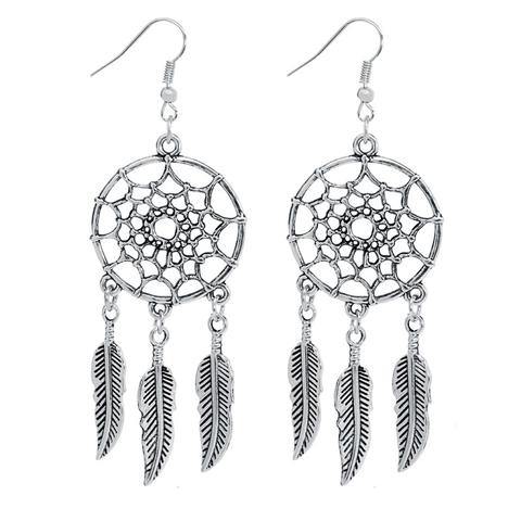 Parure de Bijoux Bohème Vintage Attrape-Rêves Plume Boucles d'Oreilles et Collier Alliage Résine Turquoise Femme