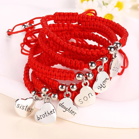 Handwoven Red String Bracelet With Alloy Heart Pendant Engraved Mom Dad Brother Sister Daughter Son Adjustable Family Jewelry
