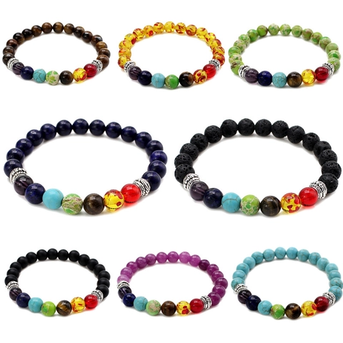 Vintage Naturstein Lavastein 7 Chakra Perlenarmband Handgemacht Hamsa Hand Herz Anhänger Yoga Heilung Energie Armband Für Damen Herren Schmuck