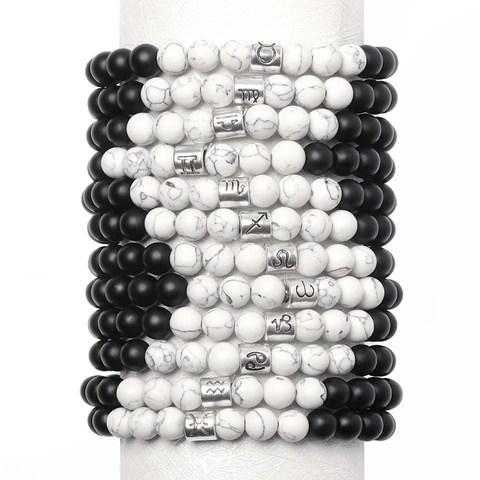 Bracelet en Perles du Zodiaque en Pierre Naturelle Agate Noire Mate Howlite Alliage Signe Astrologique Bracelet Extensible Bijoux de Mode Minimaliste Cadeau Femmes Hommes