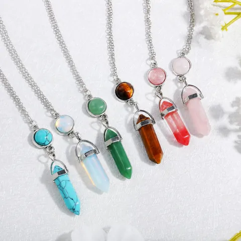 Natural Stone Hexagonal Column Pendant Necklace For Women Alloy Chain Crystal Bullet Shape Healing Jewelry Gift