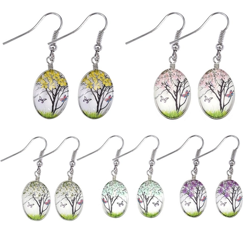 Handgemaakte Glas Gedroogde Bloem Levensboom Vlinder Oorbellen Boheems Legering Tijd Edelsteen Sieraden Vrouwen