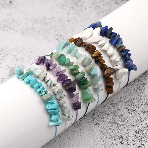 Handmade Natural Stone Chip Braided Bracelet Bohemian Irregular Mineral Wax Cord Adjustable Minimalist Jewelry For Unisex