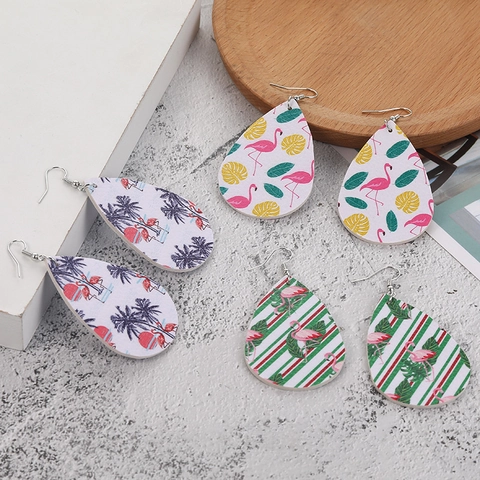 Bohemian Lightweight PU Leather Teardrop Earrings For Women Flamingo Leopard Print Tropical Summer Summer Drop Earrings Jewelry