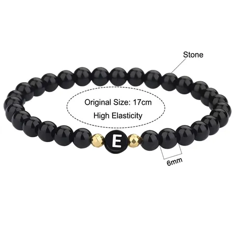 Pulsera de Cuentas con Letras del Alfabeto de Piedra Negra y Aleación para Hombres Mujeres Pareja Encanto de Corazón Elástico Joyería de Moda Regalo