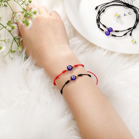 Pulsera de Cuerda Trenzada de Mal de Ojo Ajustable Hecha a Mano Pulsera de Amuleto de Suerte de Cuenta de Vidrio para Hombre Mujer