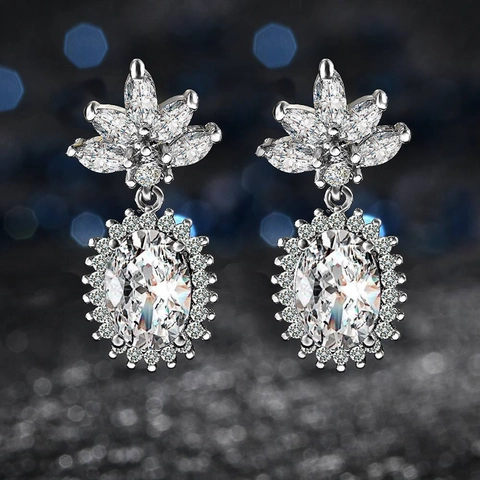 Elegante Zirconia Koperen Hangende Oorbellen Met 925 Sterling Zilver Stift Verguld Waterdruppel Bloem Sieraden Voor Vrouwen Cadeau
