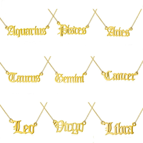 Old English Gothic Twelve Zodiac Sign Letter Pendant Necklace Stainless Steel Gold Silver Jewelry For Women Men Gift