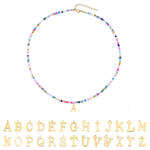 Roestvrijstalen Initiële Ketting Voor Vrouwen Kleurrijke Kralen Hanger Ketting Verstelbare Boho Zomer Sieraden Cadeau