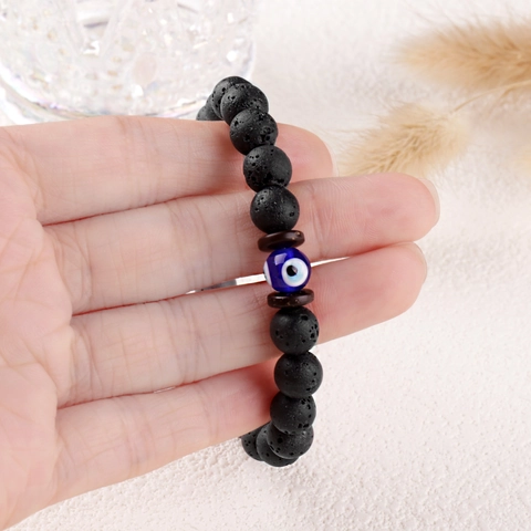 Black Lava Stone Evil Eye Beaded Bracelet For Men Women Elastic Amulet Protection Lucky Handcrafted Jewelry Gift