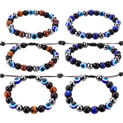 Bracelet en Perles de Pierre d'Oeil de Tigre Naturelle pour Hommes Femmes Mauvais Oeil Obsidienne Hématite Amulete Bijoux Tissés