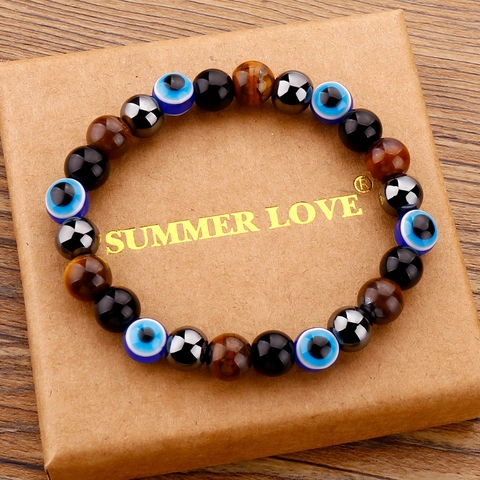 Bracelet en Perles de Pierre d'Oeil de Tigre Naturelle pour Hommes Femmes Mauvais Oeil Obsidienne Hématite Amulete Bijoux Tissés