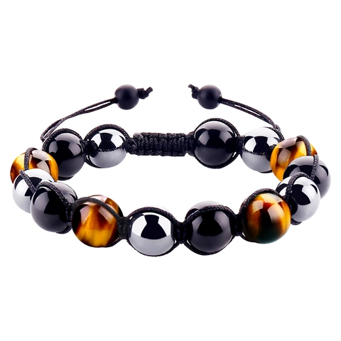 Triple Protection Bracelet Men Women Natural Tiger Eye Obsidian Hematite Stone Braided Cord Adjustable Spiritual Jewelry