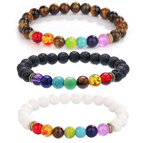 Pulseras de Piedra Natural de 7 Chakras Piedra de Lava Ojo de Tigre Curación Energía Cuentas Cuerda Elástica Yoga Pulsera para Mujer Hombre Joyería Regalo