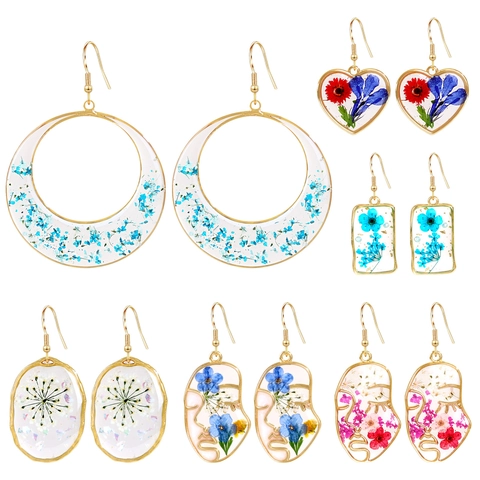 Handmade Natural Dried Flower Resin Drop Earrings For Women Gold Plated Alloy Geometric Heart Face Profile Dangle Earrings Jewelry