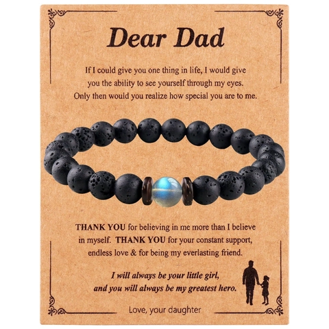 Bracelet en Perles de Pierre de Lave Naturelle Pierre de Lune Obsidienne pour Hommes Avec Carte de Message Cadeau Bijoux pour Père Fils Mari
