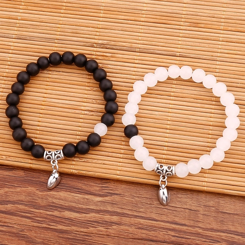 Set di Braccialetti di Coppia con Cuore Magnetico in Pietra Naturale Lava Opaca Quarzo Rosa Ametista Perline Gioielli Elastici Regalo per Innamorati