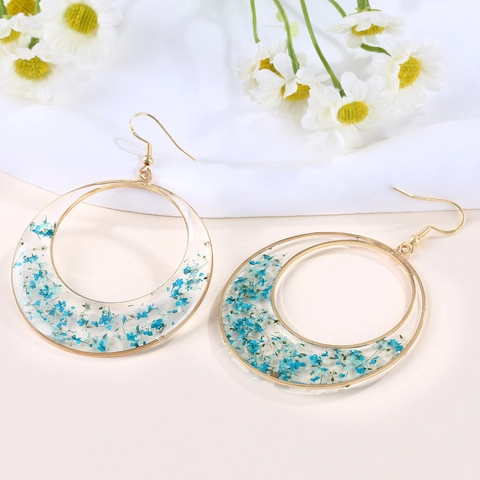 Handmade Natural Dried Flower Resin Drop Earrings For Women Gold Plated Alloy Geometric Heart Face Profile Dangle Earrings Jewelry