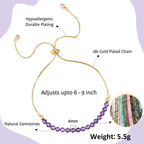 Women Real Gold Plated Copper Bracelet With Natural Stone Crystal Beaded Zircon Adjustable Slider Chain Bohemian Jewelry