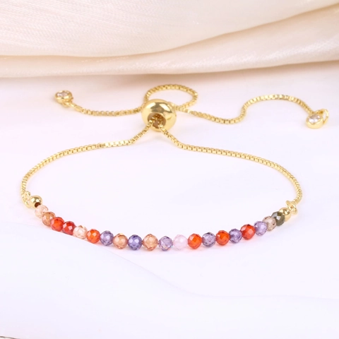 Adjustable Real Gold Plated Copper Faceted Natural Stone Zirconia Bead Bracelet Elegant Box Chain Bolo Bracelet For Women