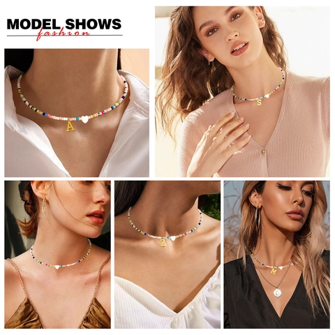 Boheems Kleurrijke Kralenketting Voor Vrouwen Roestvrij Staal Hart Initiaal Hanger Verstelbare Handgemaakte Choker Sieraden Cadeau
