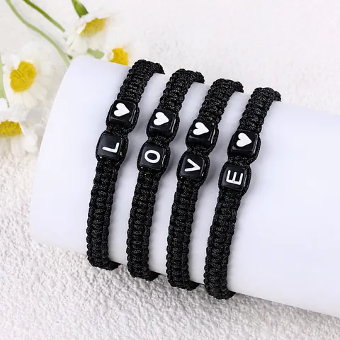 Handmade Adjustable Black Woven Rope Bracelet With Acrylic Letter Beads Heart Shape Couples Friendship Fashion Jewelry Gift
