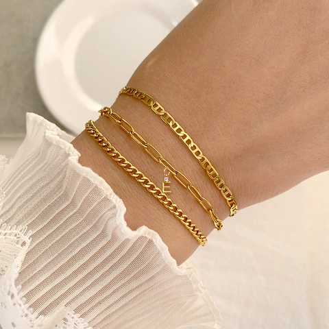 Ensemble de 3 Bracelets Minimalistes en Acier Inoxydable pour Femmes Plaqués Or Zirconium Lettre Initiale Bijoux Cadeau
