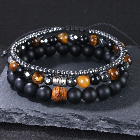 Men Constellation Beaded Bracelet Set Tiger Eye Hematite Matte Stone Zodiac Sign Scorpio Libra Fashion Hand Jewelry