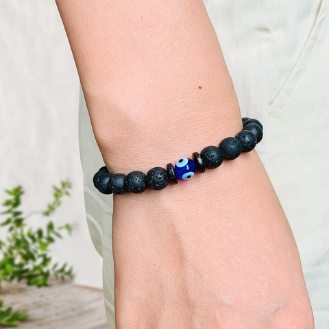 Black Lava Stone Evil Eye Beaded Bracelet For Men Women Elastic Amulet Protection Lucky Handcrafted Jewelry Gift