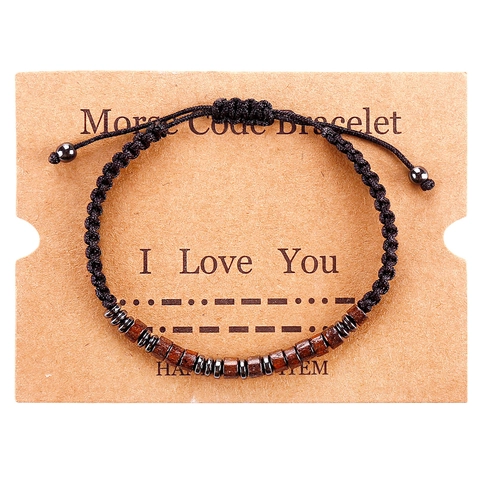 Handmade Morse Code Beaded Bracelet Personalized Adjustable Woven Rope Bracelet Wood Hematite Beads Gift For Women Men