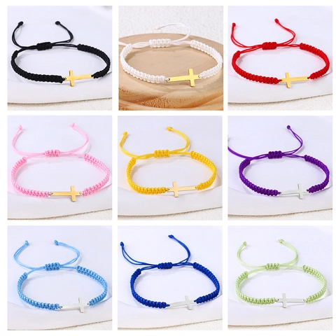Handmade Braided Rope Bracelet Stainless Steel Cross Charm Adjustable String Bracelet For Women Men Couple Fashion Jewelry