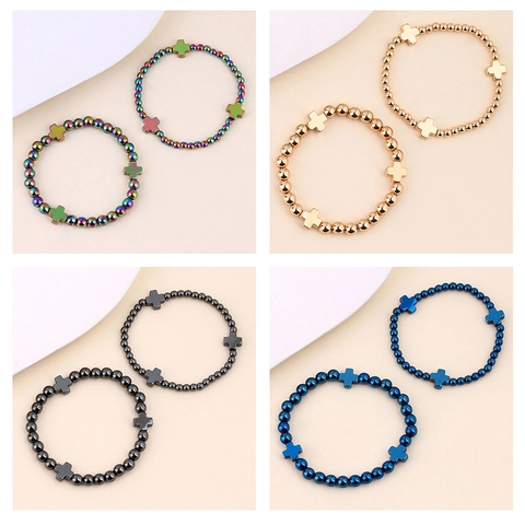 Bracciale di Perle in Ematite per Uomo Donna Ciondolo Croce Catena Elastica Set Gioielli per Coppia Accessorio in Stile Religioso Minimalista Regalo