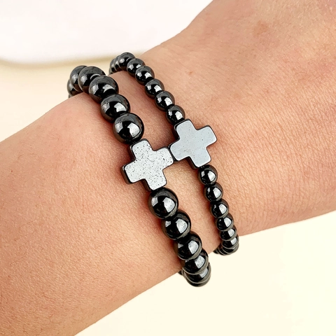 Bracciale di Perle in Ematite per Uomo Donna Ciondolo Croce Catena Elastica Set Gioielli per Coppia Accessorio in Stile Religioso Minimalista Regalo