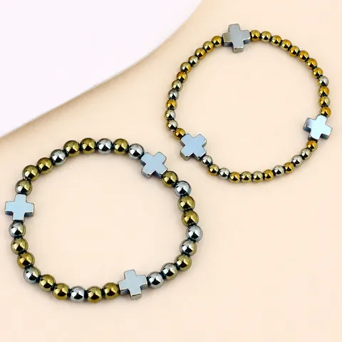 Hematite Beaded Bracelet For Men Women Cross Pendant Stretch Hand Chain Couple Jewelry Set Minimalist Religious Style Accessory Gift