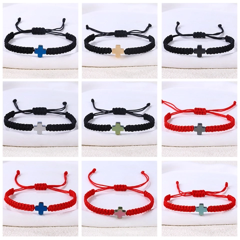Handgeweven Kruis Armband Voor Mannen Vrouwen Roestvrij Staal Hematiet Verstelbaar Koord Religieuze Mode Sieraden Cadeau