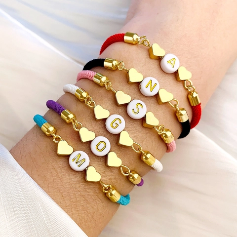 Handmade Braided Rope Bracelet Copper Heart Charm Alphabet Letter Bead Adjustable Friendship Jewelry Gift Women Couples