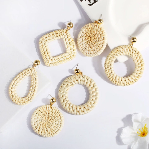 Bohemian Handmade Rattan Woven Hoop Earrings For Women Geometric Alloy Metal Round Square Water Drop Summer Vacation Jewelry