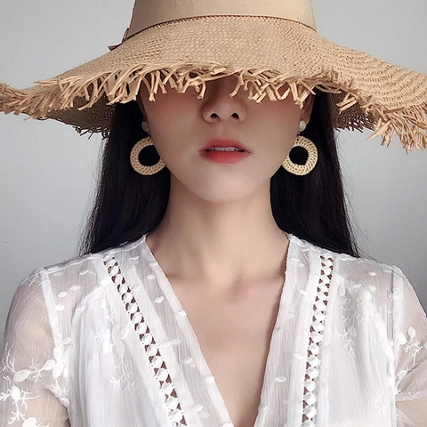 Bohemian Handmade Rattan Woven Hoop Earrings For Women Geometric Alloy Metal Round Square Water Drop Summer Vacation Jewelry