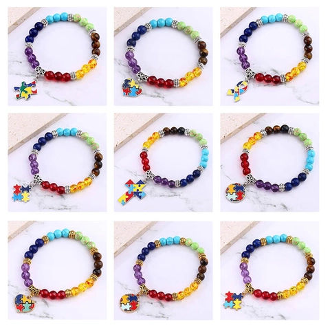 Natural Stone 7 Chakra Beaded Bracelet Autism Awareness Puzzle Heart Cross Ribbon Pendant Elastic Hand Jewelry For Women Men
