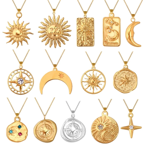 Vintage Stainless Steel Sun Moon Star Compass Pendant Necklace For Women Gold Silver Plated Tarot Jewelry Waterproof Hypoallergenic Clavicle Chain