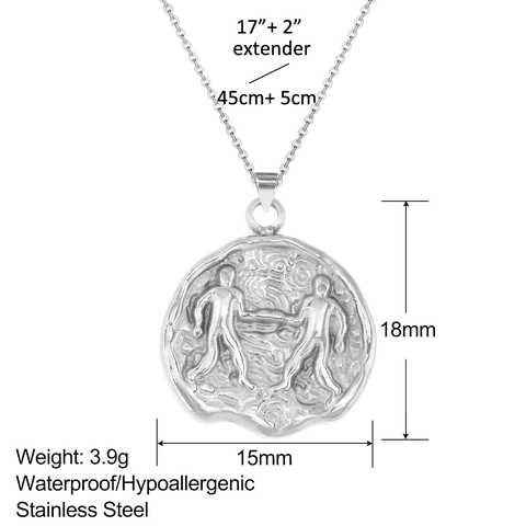 Stainless Steel Zodiac Necklace 12 Constellations Coin Pendant Relief Embossed Silver Tone For Women Men Jewelry Gift