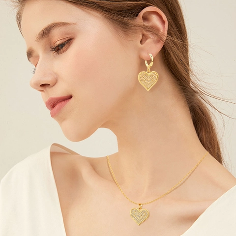 Luxury Copper Heart Earrings Necklace Jewelry Set Pave Rhinestone Exaggerated Mom Mama Heart Pendant For Women Gift