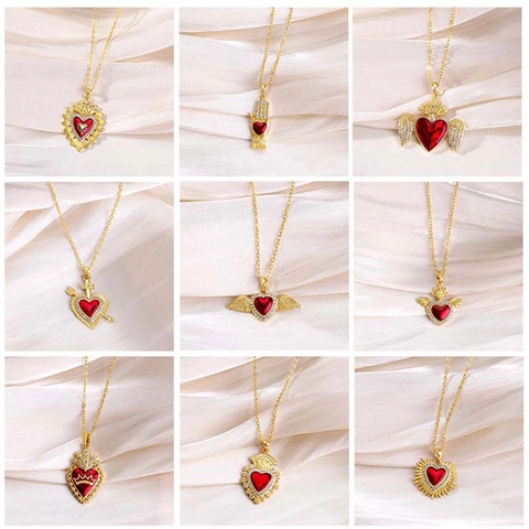 Luxe Vergulde Koperen Hart Hanger Halsketting Voor Vrouwen Vintage Rood Emaille Strass Ingelegde Heilig Hart Ketting Sieraden