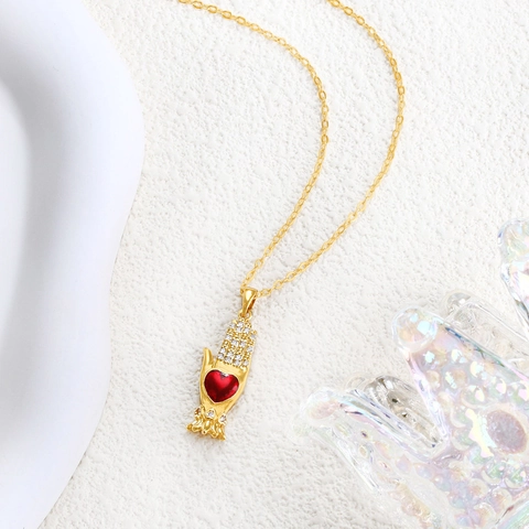 Luxe Vergulde Koperen Hart Hanger Halsketting Voor Vrouwen Vintage Rood Emaille Strass Ingelegde Heilig Hart Ketting Sieraden