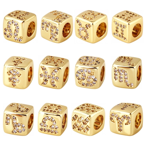 12 Constellation Zodiac Gold Plated Copper Cube Beads Zirconia Inlaid DIY Jewelry Charms For Bracelet Necklace Making