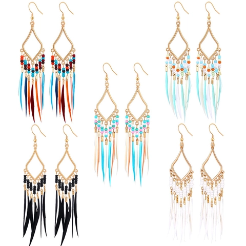 Bohemian Rhombus Alloy Drop Earrings With Earring Post Colorful Seed Beads Feather Tassel Long Dangle Ethnic Jewelry For Women